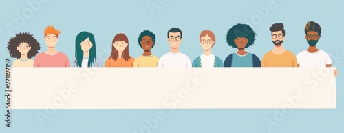 a row of people with blank banner, simple flat illustration, light blue background, white space in the middle for text Generative AI