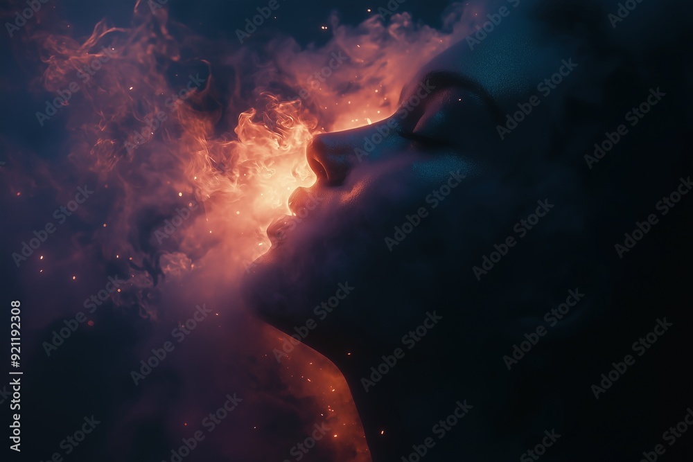 Silhouette of woman exhaling fiery smoke, illuminated by warm light in dark, mystical atmosphere