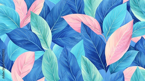 Vibrant and colorful leaf pattern with various shades of blue and pink, perfect for backgrounds and nature-inspired designs.