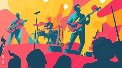 Vibrant illustration of a band performing live, capturing the energy and excitement of a music concert with colorful visuals.