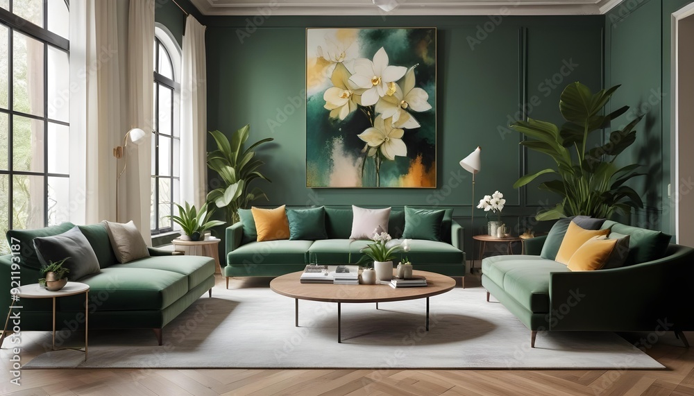 A modern living room with a white sofa, wooden coffee table, and potted plants against a white concrete wall. A modern living room with a white sofa, wooden coffee table, and potted plants against a white concrete wall.