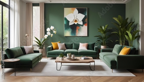 A modern living room with a white sofa, wooden coffee table, and potted plants against a white concrete wall.