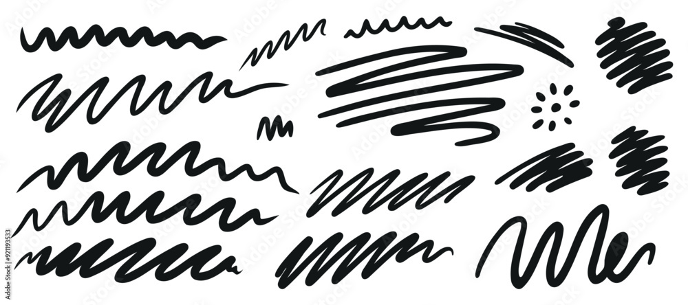 Charcoal pencil, swirls and squiggles. Set of brush strokes. Hand drawn marker doodles. Isolated on white background Charcoal pencil, swirls and squiggles. Set of brush strokes. Hand drawn marker doodles. Isolated on white background