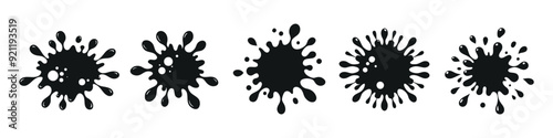 Ink drops and splashes. Blotting paper stains, liquid paint drips, splashes and ink splatters.