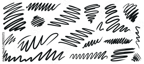 Charcoal pencil, swirls and squiggles. Set of brush strokes. Hand drawn marker doodles. Isolated on white background