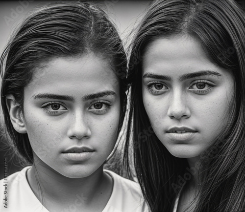 Two Monegasque young girls with long hair and dark eyes are standing next to each other photo