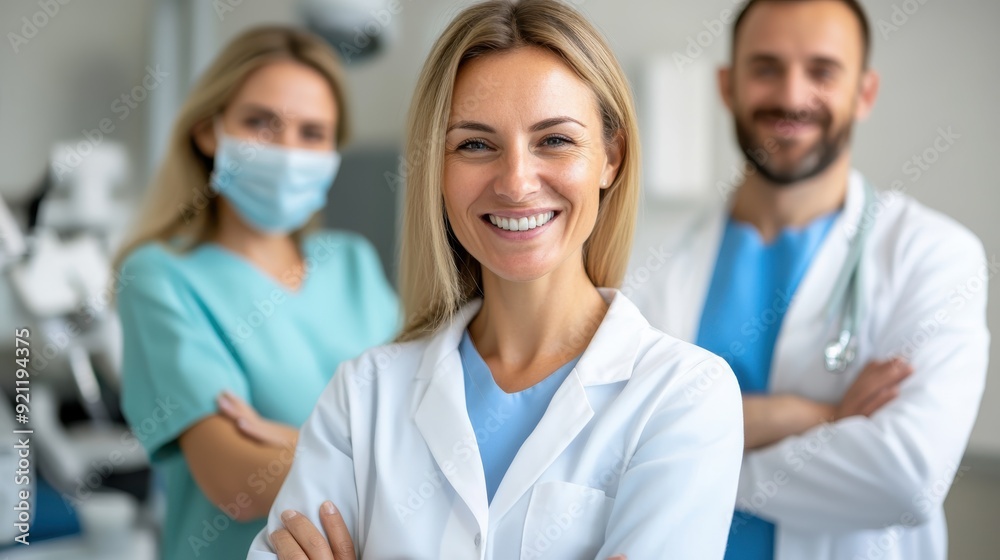 A doctor and two medical team members are posing in a hospital, all smiling confidently and showcasing professionalism, teamwork, and dedication to healthcare. A doctor and two medical team members are posing in a hospital, all smiling confidently and showcasing professionalism, teamwork, and dedication to healthcare.