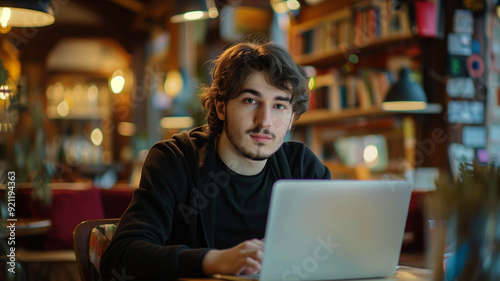 young man working as a call center agent, attentively providing support to customers using a headset and computer