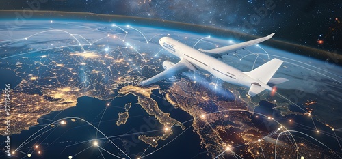 A white airplane flying over a map of Europe with connecting lines symbolizing global connectivity. The Earth and space are in the background.