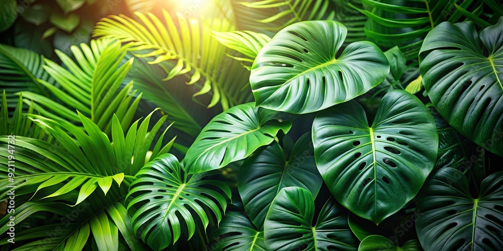 Fototapeta premium Tropical leaves background with lush green foliage, creating a serene and naturally beautiful atmosphere, tropical, leaves