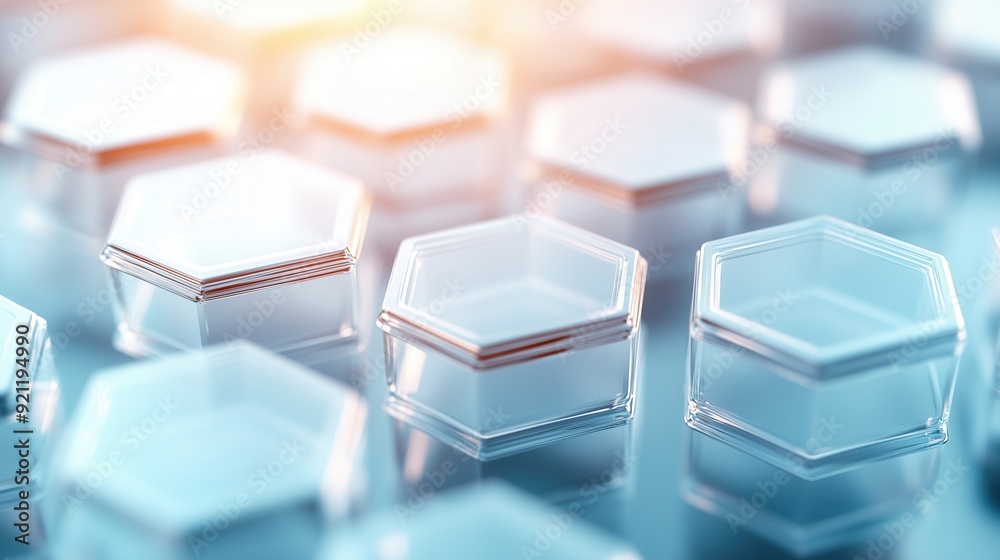 A close-up view of modern hexagonal containers, showcasing a sleek design and transparent material that enhances their visibility. A close-up view of modern hexagonal containers, showcasing a sleek design and transparent material that enhances their visibility.