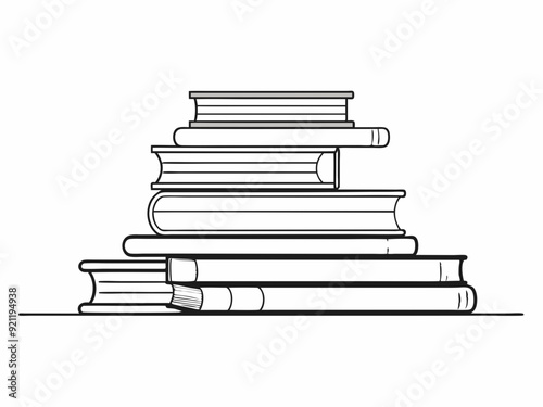 continuous single line drawing of stack of books on shelf, line art vector illustration
