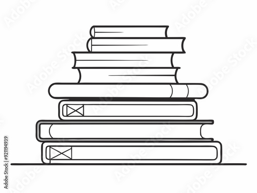 continuous single line drawing of stack of books on shelf, line art vector illustration
