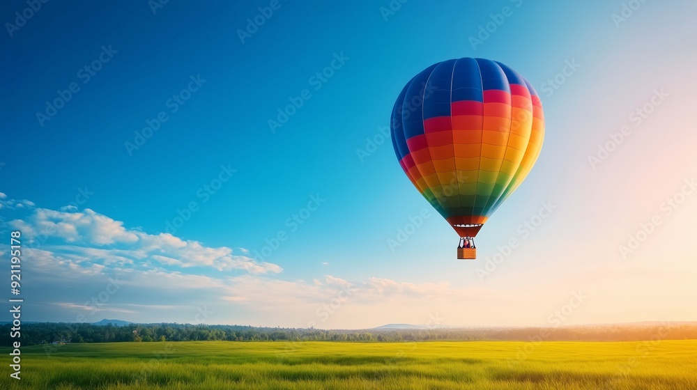 Fototapeta premium a hot air balloon floating gracefully above a lush green meadow, set against a bright, clear blue sky
