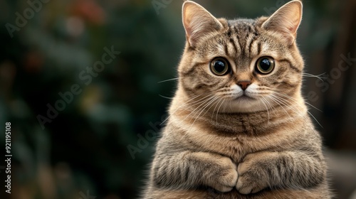 A chubby cat sitting upright with its paws tucked under its chest, its large round eyes staring directly into the camera, creating an endearing and humorous image.