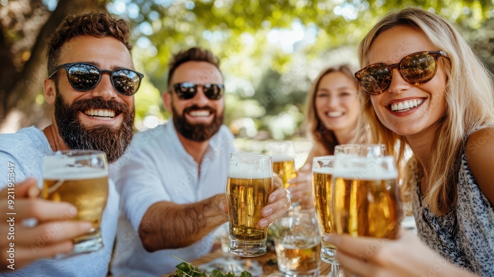 A group of friends is sitting at a wooden table outdoors, smiling and raising glasses of beer in a toast under the shade of large trees on a sunny day. A group of friends is sitting at a wooden table outdoors, smiling and raising glasses of beer in a toast under the shade of large trees on a sunny day.