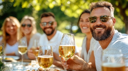 A group of friends at a picnic table, smiling and toasting with beer glasses, enjoying a casual gathering under the trees in a sunny park setting.