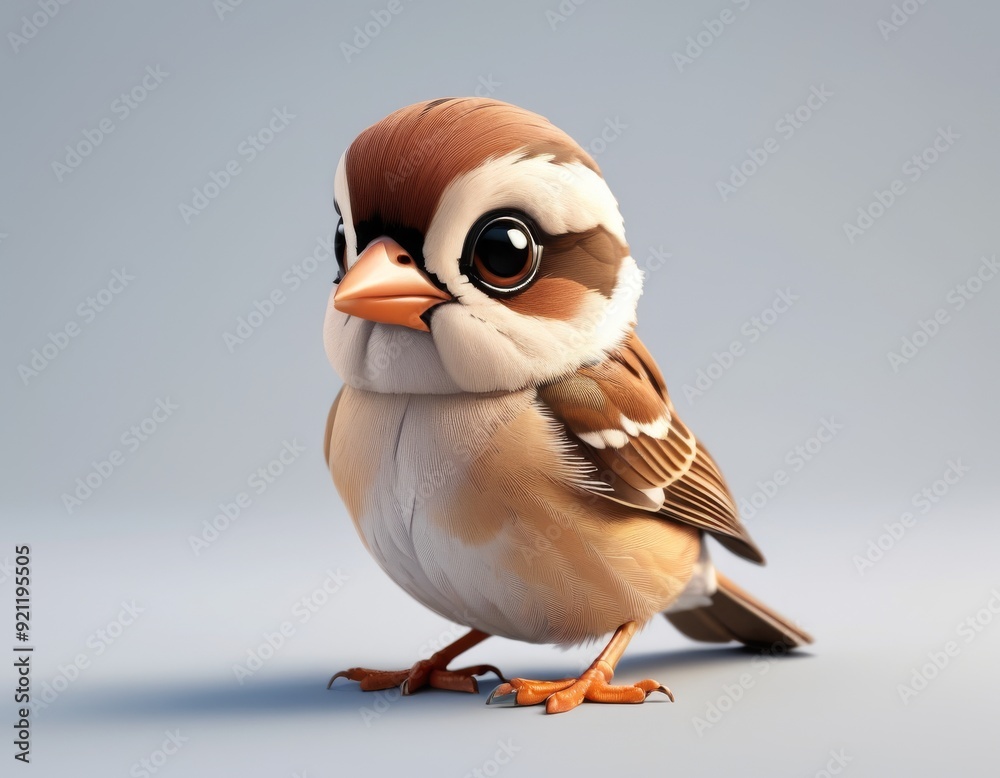 Obraz premium 3d illustration of a sparrow on a white background with big eyes on grey background 3d animals pictures for kids, good for print for clothing, stationery, books, children's products