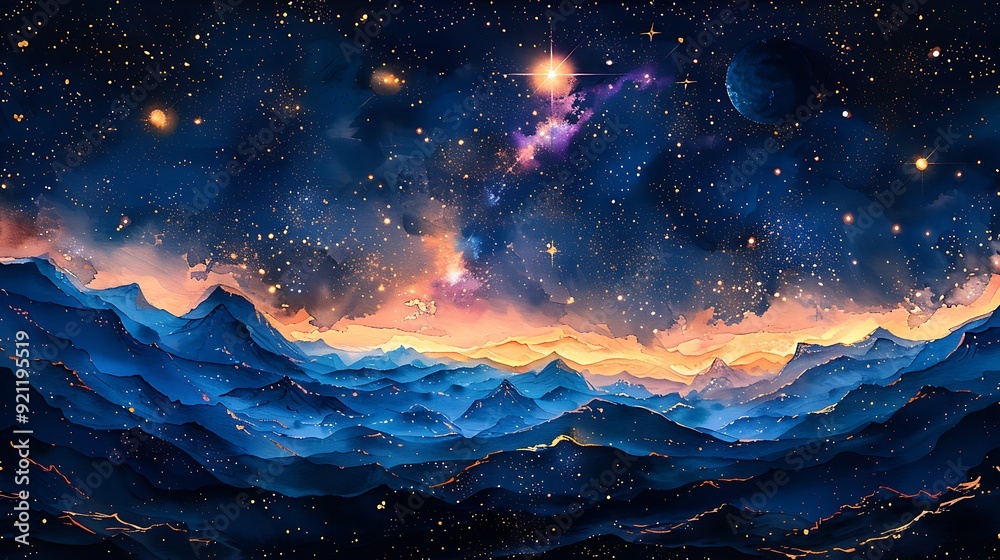 Obraz premium A serene watercolor pattern of a galaxy, showcasing a night sky filled with shimmering stars, glowing planets, and ethereal nebulas, painted in vibrant blues and purples, arranged seamlessly with soft