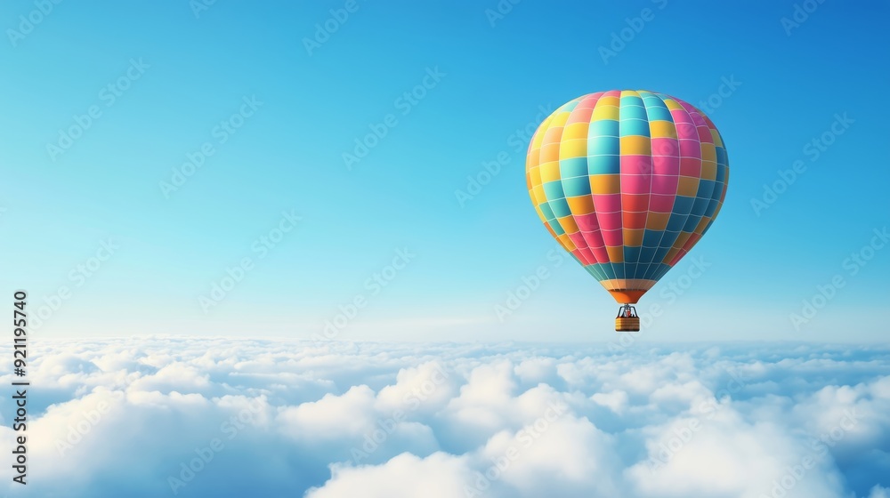 Fototapeta premium A romantic shot of a hot air balloon floating gracefully over a layer of fluffy clouds, with the clear blue sky 