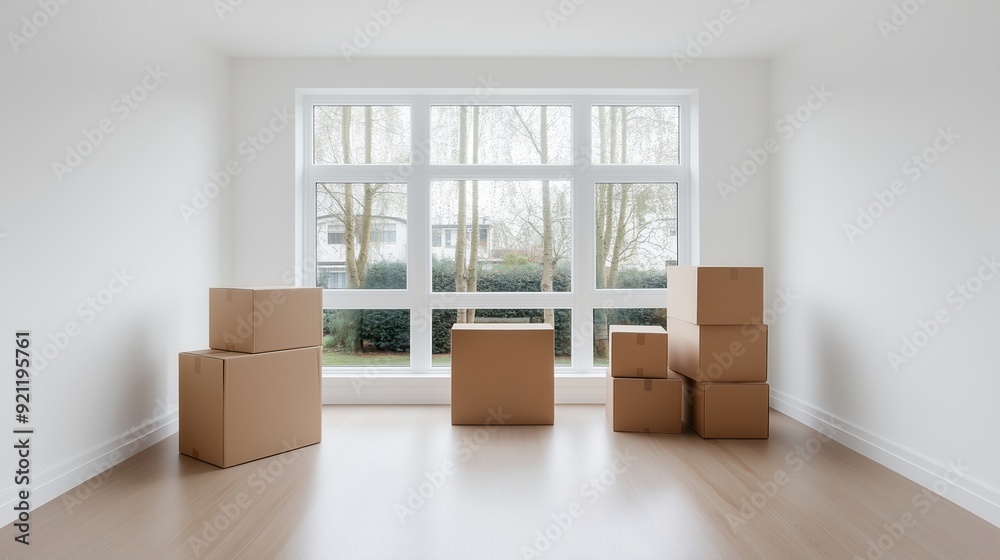 A spacious room with cardboard boxes arranged near a large window, ideal for moving, delivery, or storage concepts. A spacious room with cardboard boxes arranged near a large window, ideal for moving, delivery, or storage concepts.