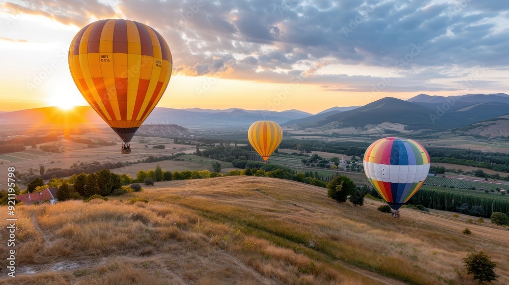 Obraz premium Multiple colorful hot air balloons float above sunlit hillside fields, casting vibrant shadows on the golden grass while the sun sets in the background.