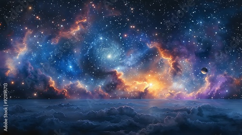 A serene watercolor pattern of a starry night sky, showcasing shimmering stars, vibrant planets, and ethereal nebulas, painted in deep blues and purples, seamlessly integrated with smooth transitions 