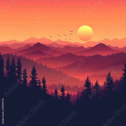 Vector landscape, sunset scene in nature with mountains and forest, silhouettes of trees and hills. Beautiful landscape of mountains and wild forest