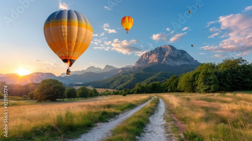 Vibrant hot air balloons gracefully hover over a mountainous valley, soaring high amidst a vast, green landscape, capturing an exhilarating view from above.