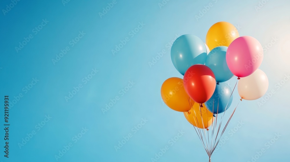 A cluster of helium balloons in various colors floating against a pristine blue sky, creating a festive and light-hearted scene A cluster of helium balloons in various colors floating against a pristine blue sky, creating a festive and light-hearted scene