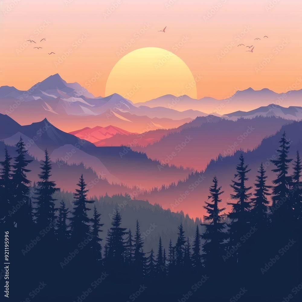Obraz premium Vector landscape, sunset scene in nature with mountains and forest, silhouettes of trees and hills. Beautiful landscape of mountains and wild forest