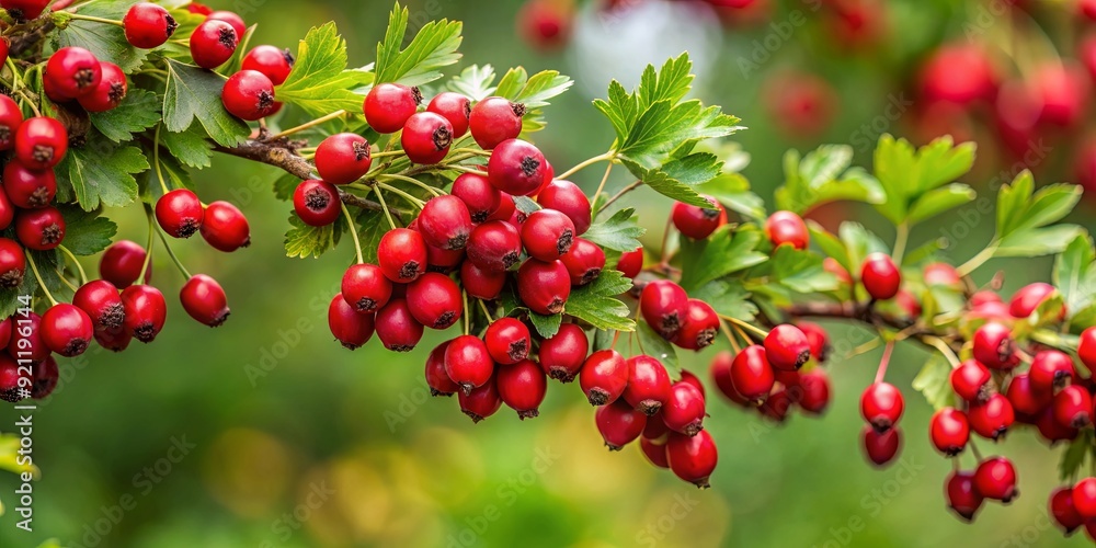 Green branches of hawthorn covered in vibrant red berries, nature, foliage, plants, outdoors, autumn, seasonal, close-up, vibrant Green branches of hawthorn covered in vibrant red berries, nature, foliage, plants, outdoors, autumn, seasonal, close-up, vibrant