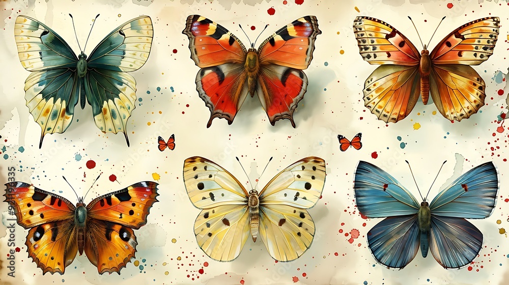 A serene watercolor pattern of butterflies and insects, showcasing a mix of species with delicate, colorful wings, arranged in a seamless design with soft pastel hues and intricate detailing, creating A serene watercolor pattern of butterflies and insects, showcasing a mix of species with delicate, colorful wings, arranged in a seamless design with soft pastel hues and intricate detailing, creating
