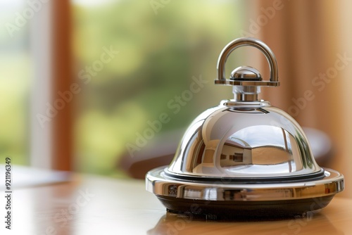 Close up of a silver hotel service bell on a wooden desk with a window and greenery out of focus in the background.