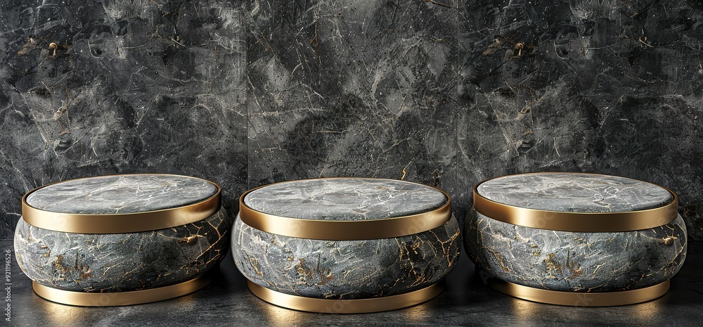 Three round marble podiums with gold trim on a gray marble background. Ideal for product display, presentation, or branding. Three round marble podiums with gold trim on a gray marble background. Ideal for product display, presentation, or branding.
