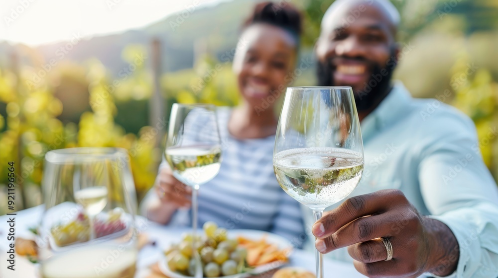 A cheerful couple toasting with glasses of white wine while sitting at a table in a vineyard, surrounded by grapevines and enjoying a sunny and pleasant day. A cheerful couple toasting with glasses of white wine while sitting at a table in a vineyard, surrounded by grapevines and enjoying a sunny and pleasant day.