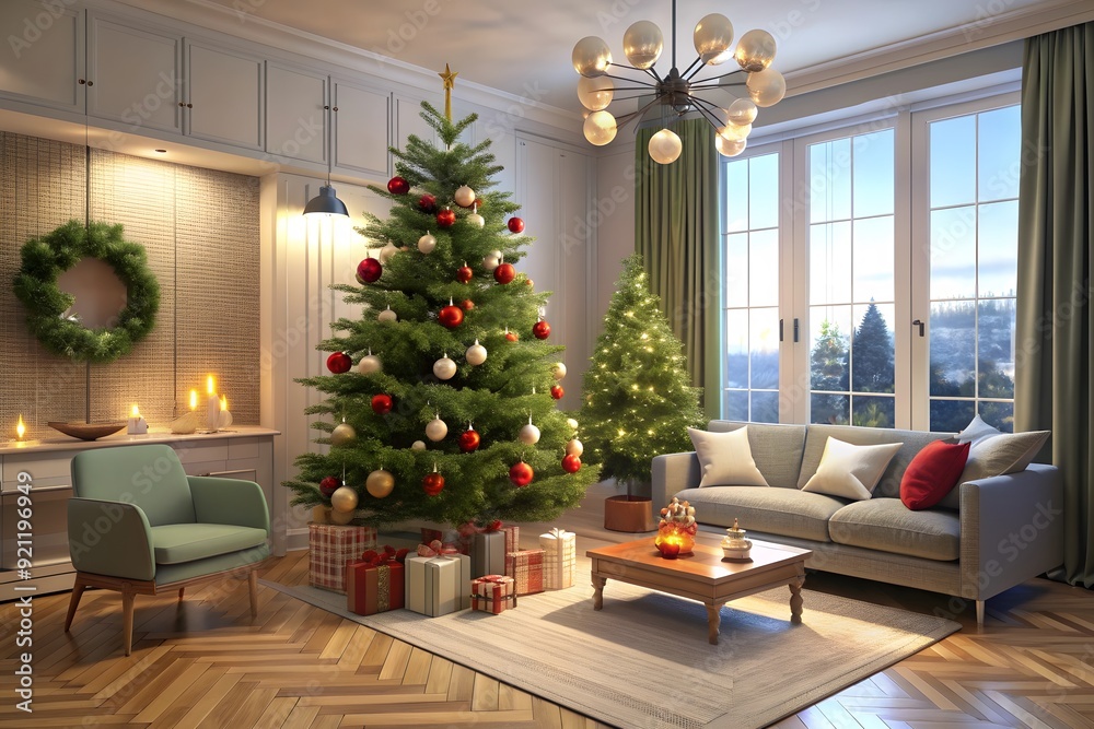 Christmas tree with decorations in the living room. 3d illustration
Christmas tree with decorations in the living room. 3d illustration