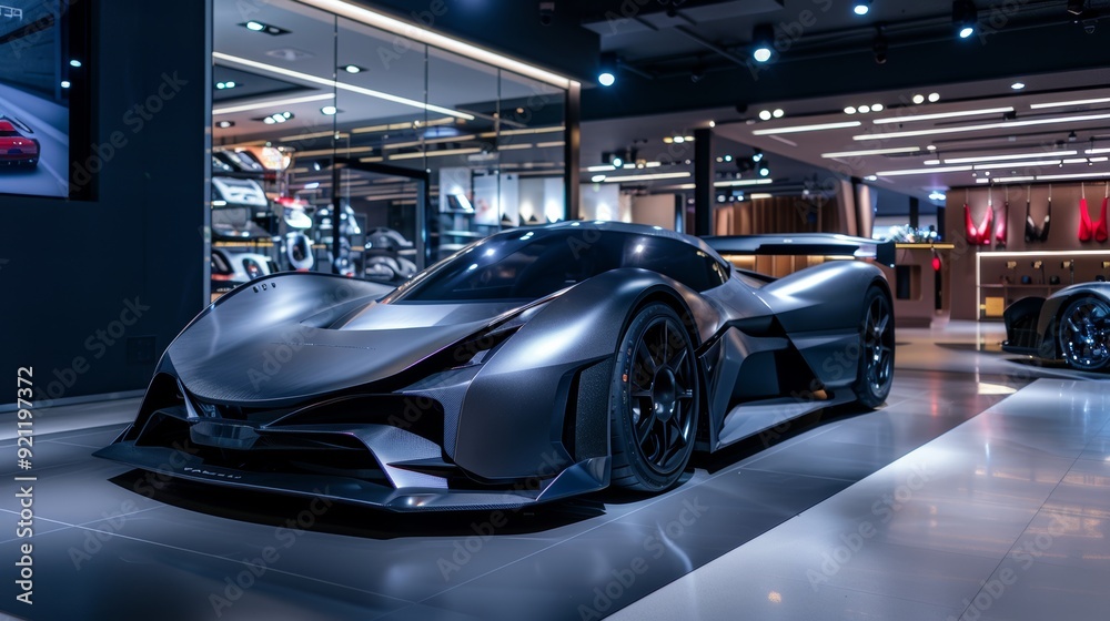 High Performance Electric Hypercar with Aerodynamic Design in Illuminated Showroom for Luxury Automotive Fans High Performance Electric Hypercar with Aerodynamic Design in Illuminated Showroom for Luxury Automotive Fans