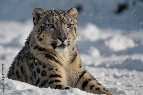 Snow leopard sitting in snow