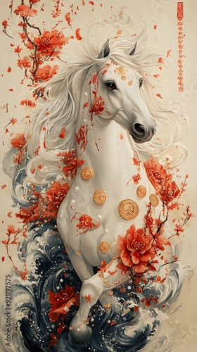 Auspicious Horse and Prosperous Elements: A horse illustrated with elements like gold coins or pearls, symbolizing wealth and auspiciousness photo