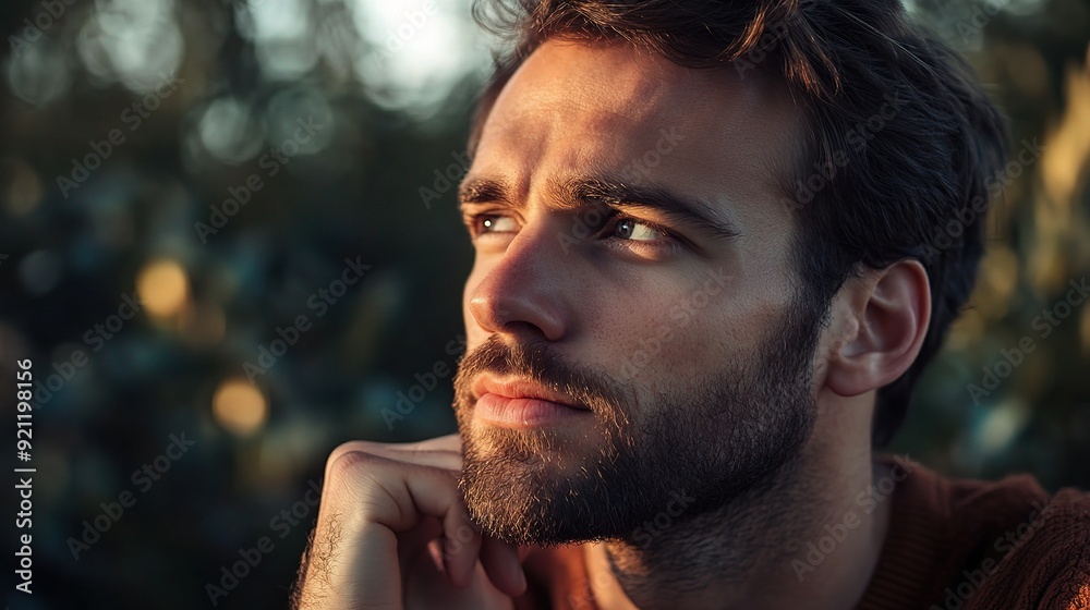 Man Reflecting in Golden Hour: A pensive young man gazes into the distance, bathed in the warm glow of the setting sun. Man Reflecting in Golden Hour: A pensive young man gazes into the distance, bathed in the warm glow of the setting sun.