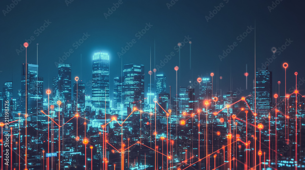Smart digital city with connection network that is at the cutting edge of innovation in technology and business with bright, modern skyscrapers. Backgrounds for technology and charts and graphs Smart digital city with connection network that is at the cutting edge of innovation in technology and business with bright, modern skyscrapers. Backgrounds for technology and charts and graphs