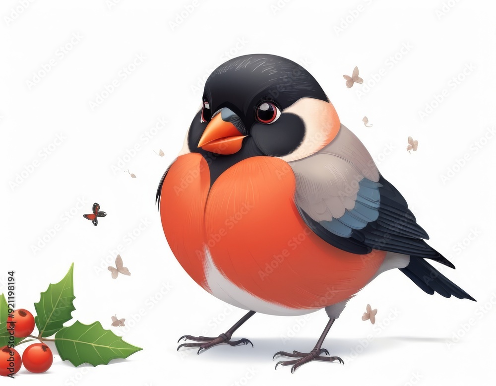 Fototapeta premium Cute bullfinch with berries 3d rendering cartoon character for baby nursery kids room children's room prints decor of Forest bird
