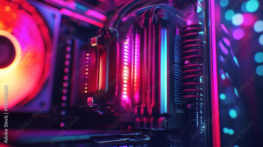 Close-up of a computer's internal components with RGB lighting Close-up of a computer's internal components with RGB lighting