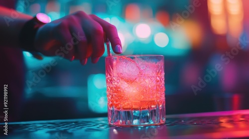 A Close-up of a Cocktail with a Hand Stiring Ice in the Foreground photo