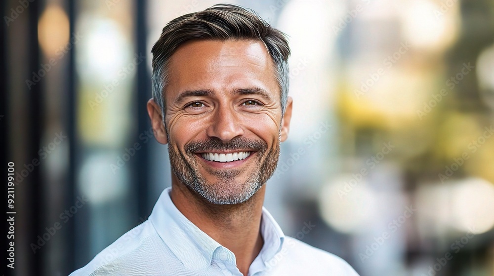 Obraz premium Confident & Radiant: Mature businessman with a beaming smile exudes success and charisma in the urban jungle. 