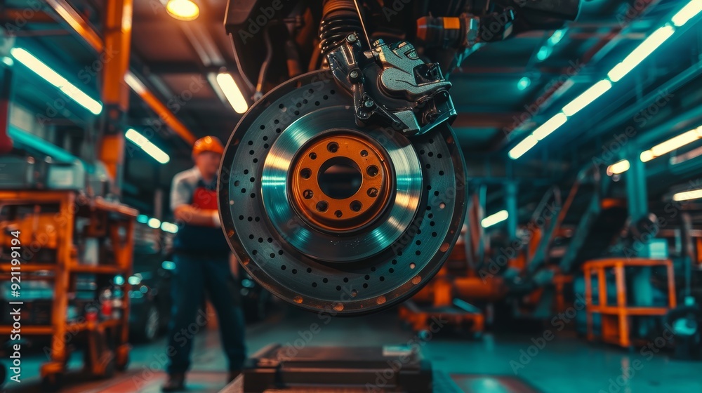 Fototapeta premium Mechanic Fixing Brake Pad Issues in Modern Garage Environment - Tools and Detailed Brake Assembly Work