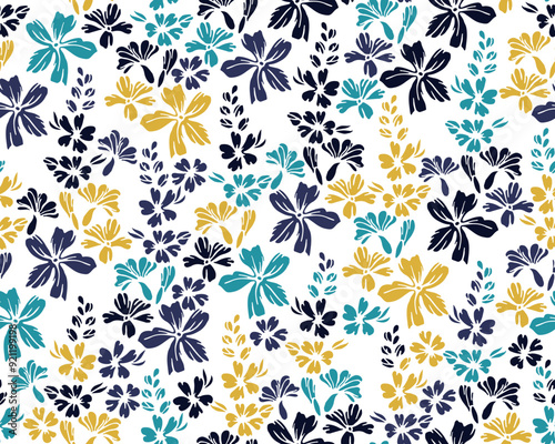 Little meadow buttercup flowers repeat pattern vector illustration. Ditsy pri...