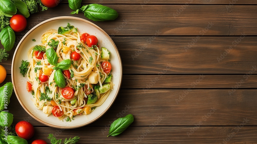 Delicious pasta dish with fresh ingredients, including tomatoes and basil, on a rustic wooden table. Perfect for food lovers. Delicious pasta dish with fresh ingredients, including tomatoes and basil, on a rustic wooden table. Perfect for food lovers.