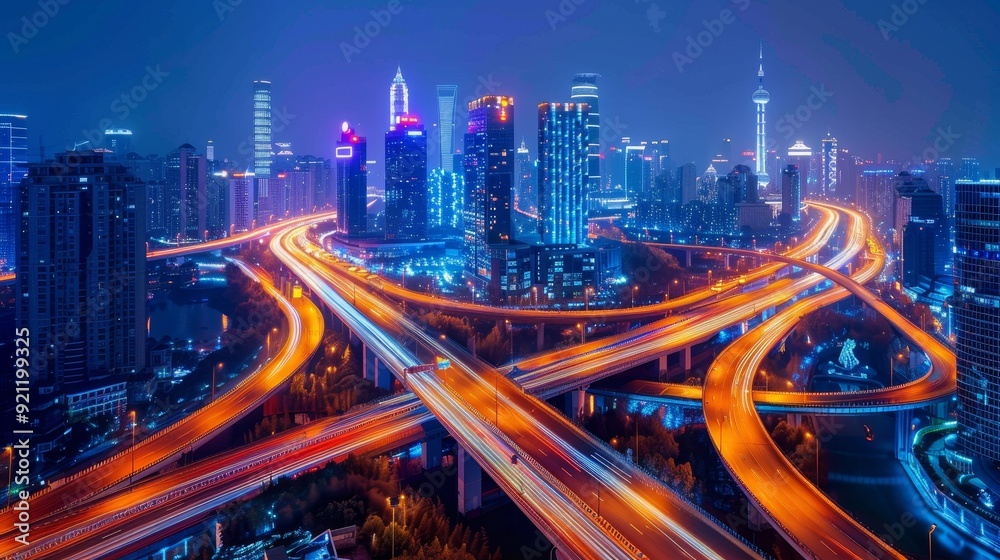 Fototapeta premium A vibrant and dynamic night cityscape showcasing illuminated roads, bustling skyscrapers, and bright lights